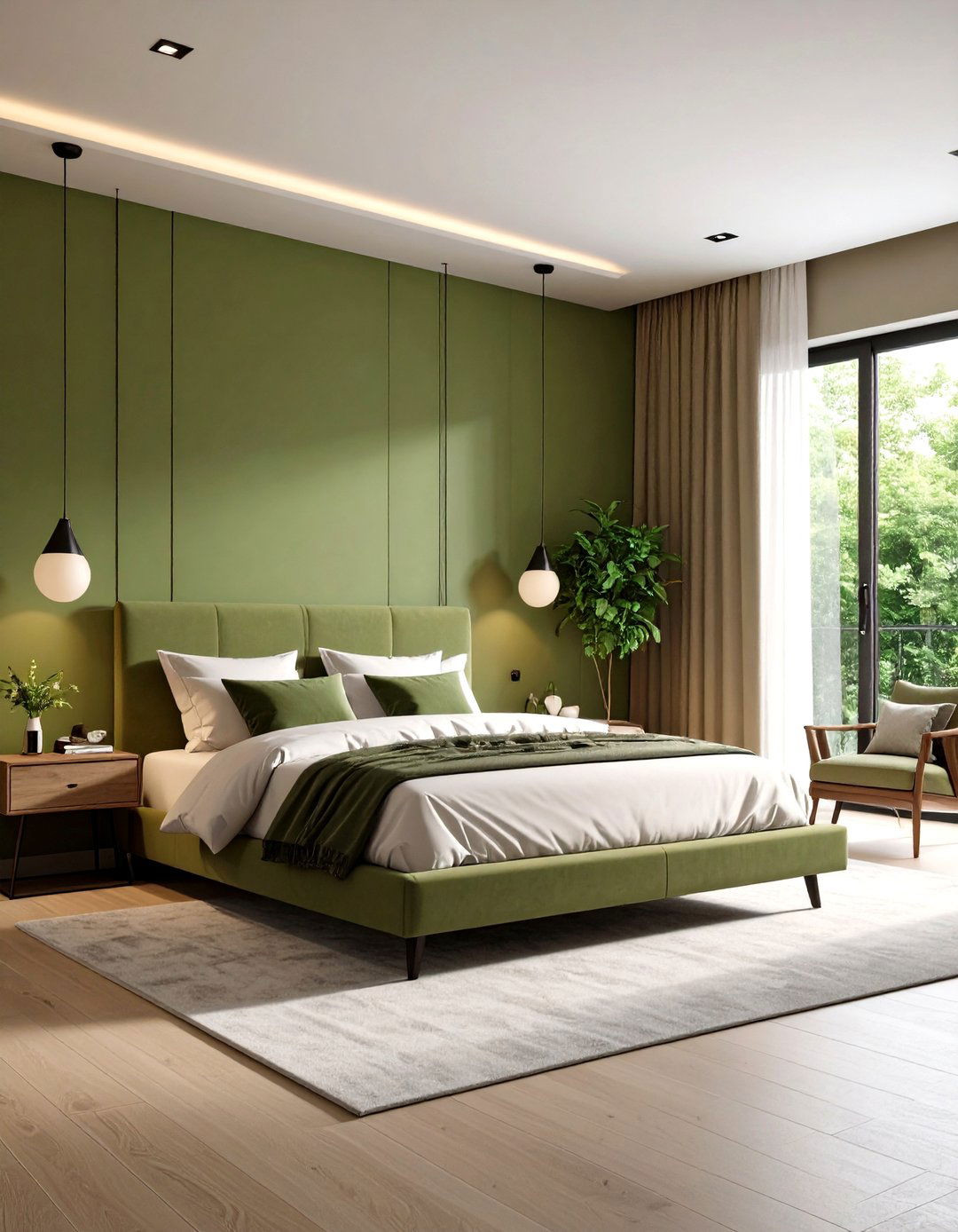 Contemporary Olive Green Statement Walls - 24 Olive Green Bedroom Ideas