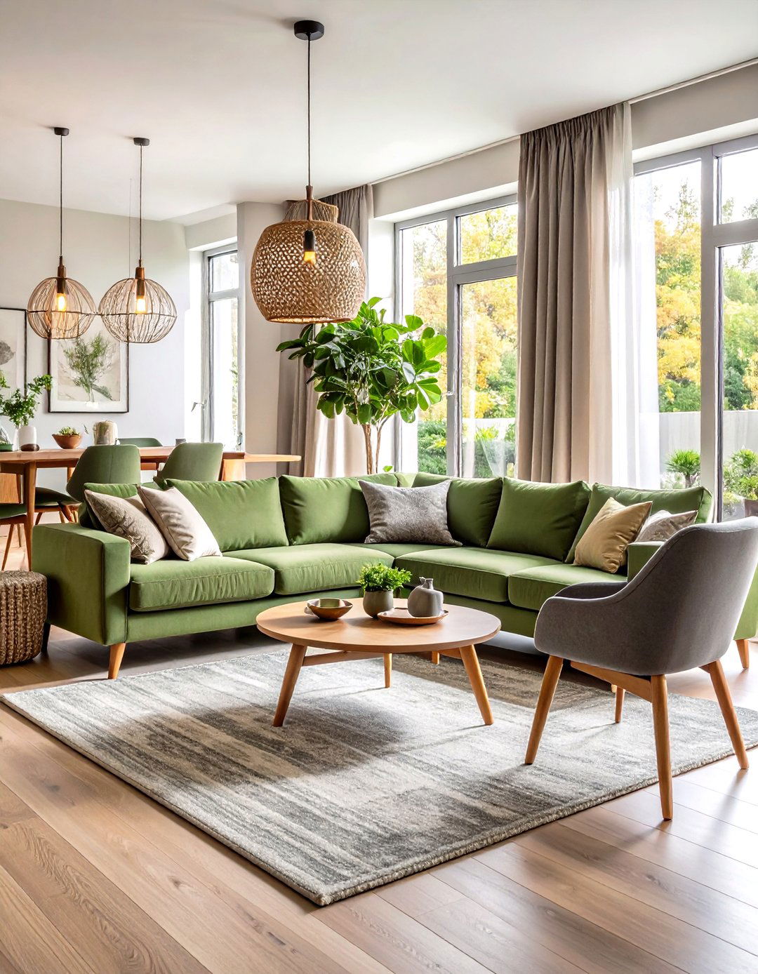 Contemporary Open Concept Green and Grey Space - 24 Green and Grey Living Room Ideas