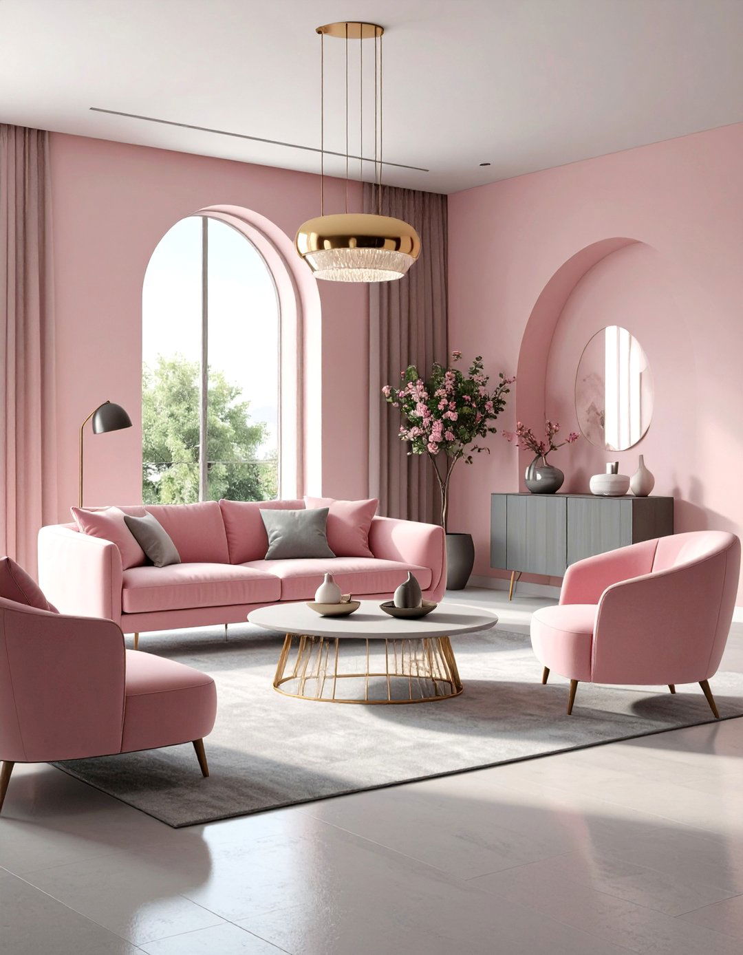 Contemporary Open Plan Pink and Grey Design - 24 Pink and Grey Living Room Ideas