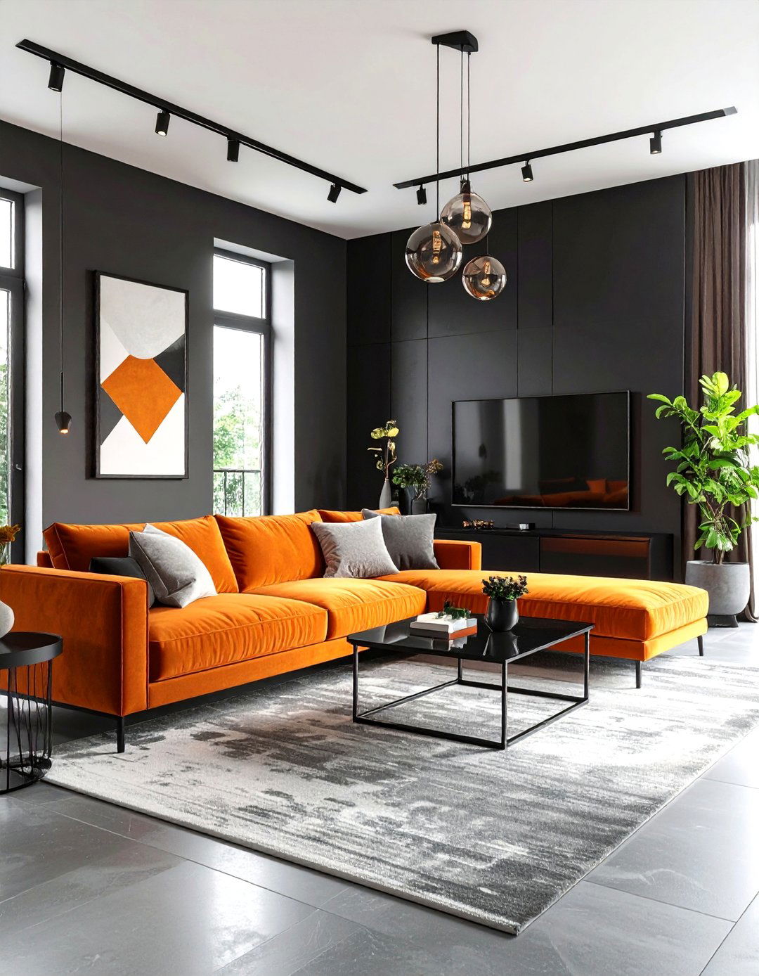 Contemporary Orange Velvet and Black Lacquer Living Room - 24 Black and Orange Living Room Ideas
