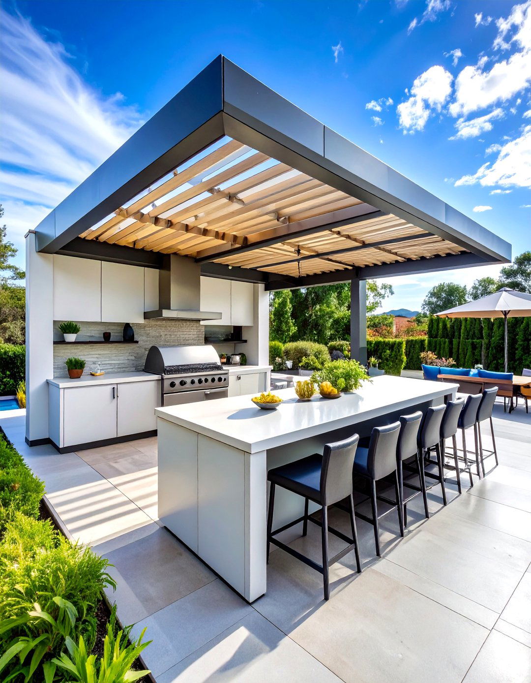 Contemporary Pergola Outdoor Kitchen with Overhead Structure - 24 Outdoor Kitchen Designs