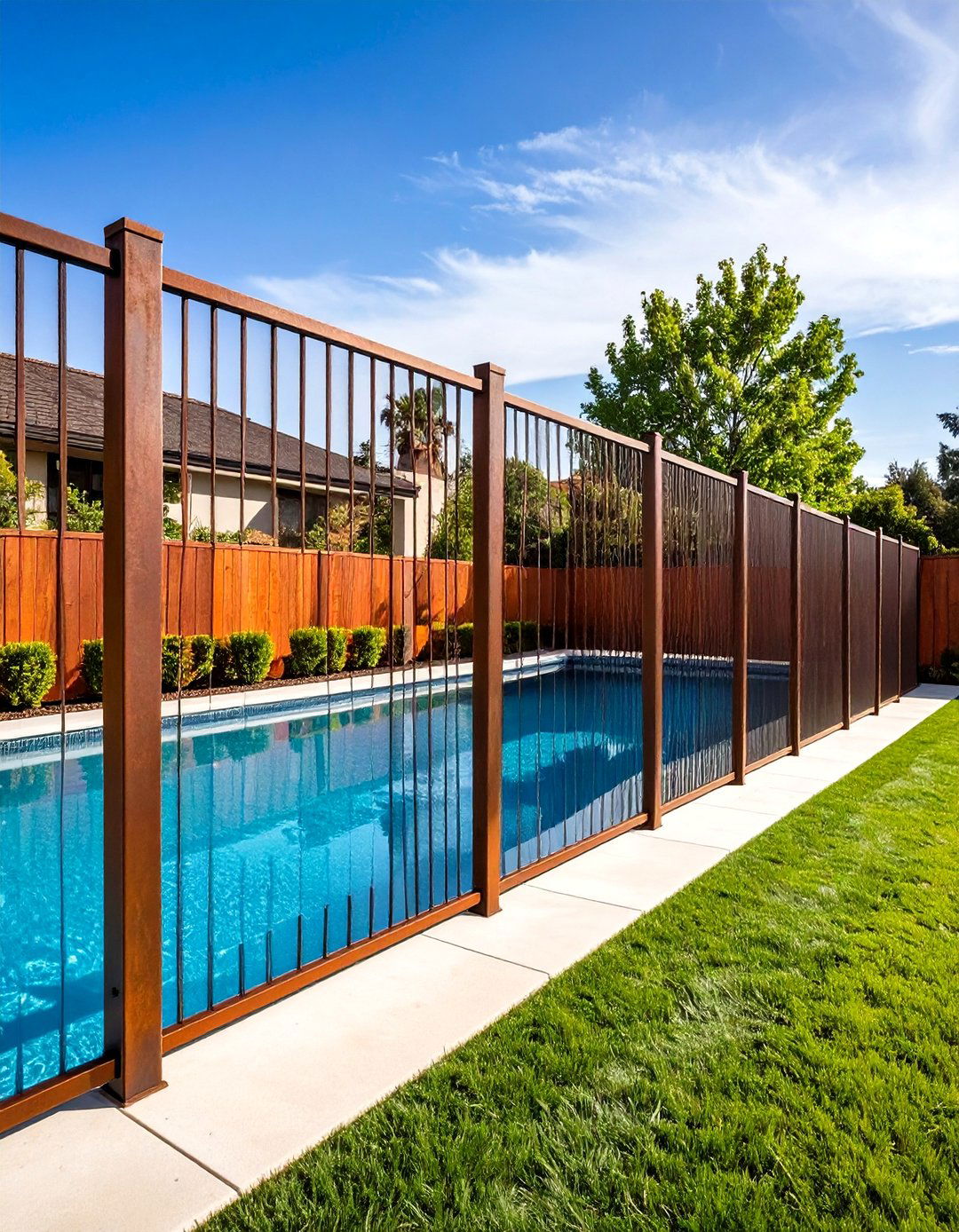 Contemporary Pool Fence with Corten Steel Panels - 24 Pool Fence Ideas