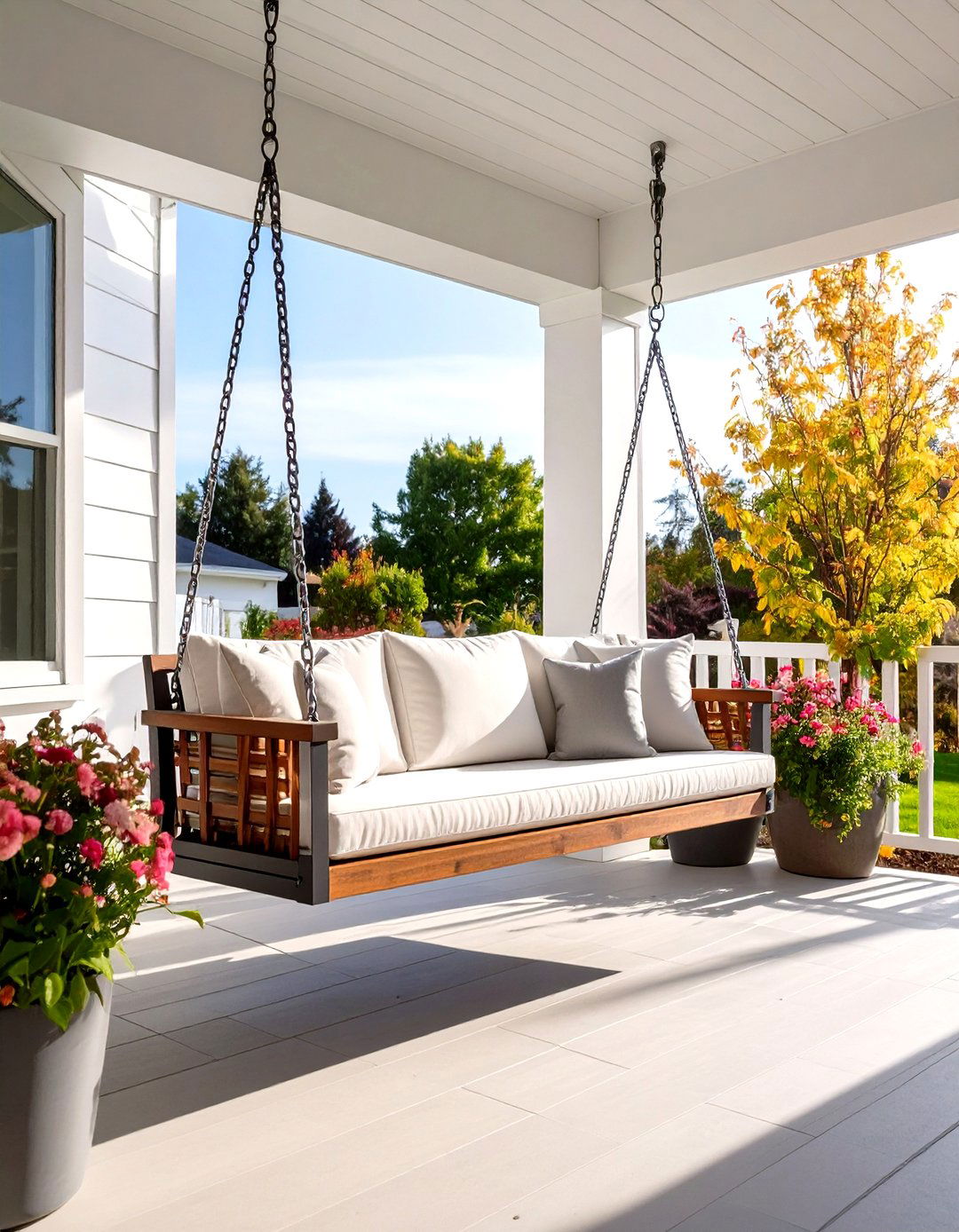 Contemporary Porch Swing with Aluminum Frame and Teak Slats - 24 Front Porch Swing Ideas