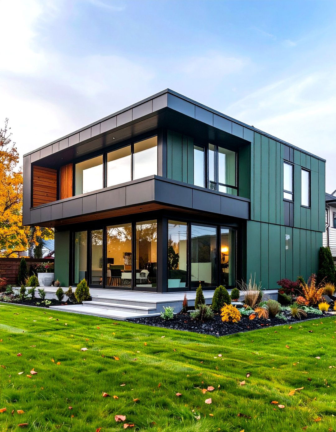 Contemporary Sage Green Exterior With Black Window Systems - 24 Sage Green House With Black Trim Ideas