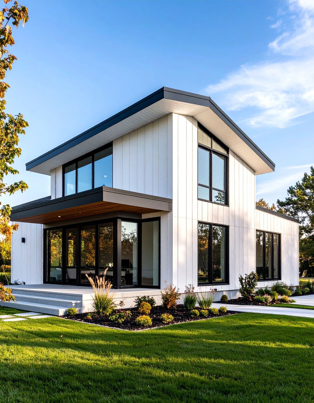 Contemporary Shed Style Black Metal Roof with White Walls - 24 Black and White House Exterior Ideas