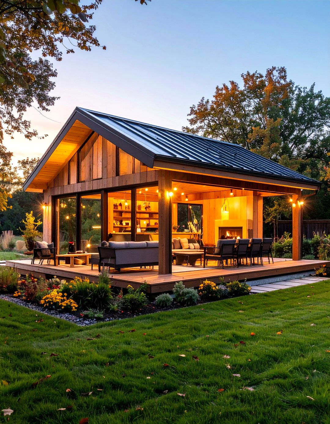 Contemporary Shed Style Pavilion With Linear Gas Fireplace - 24 Backyard Pavilion With Fireplace