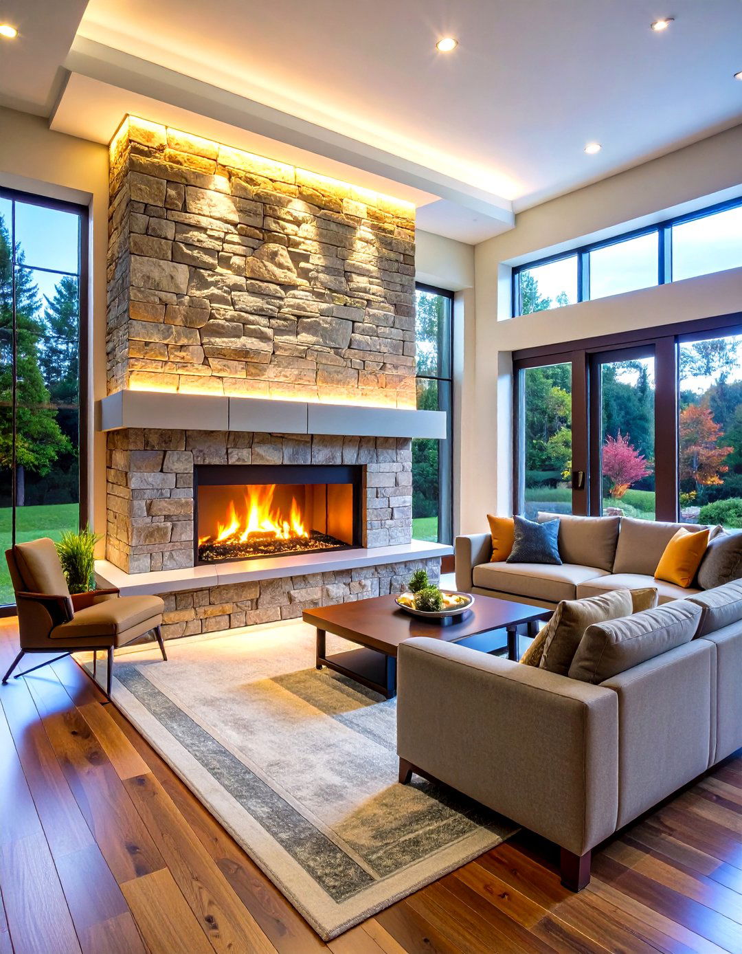 Contemporary Stacked Stone with Integrated Lighting - 24 Stacked Stone Fireplace Ideas