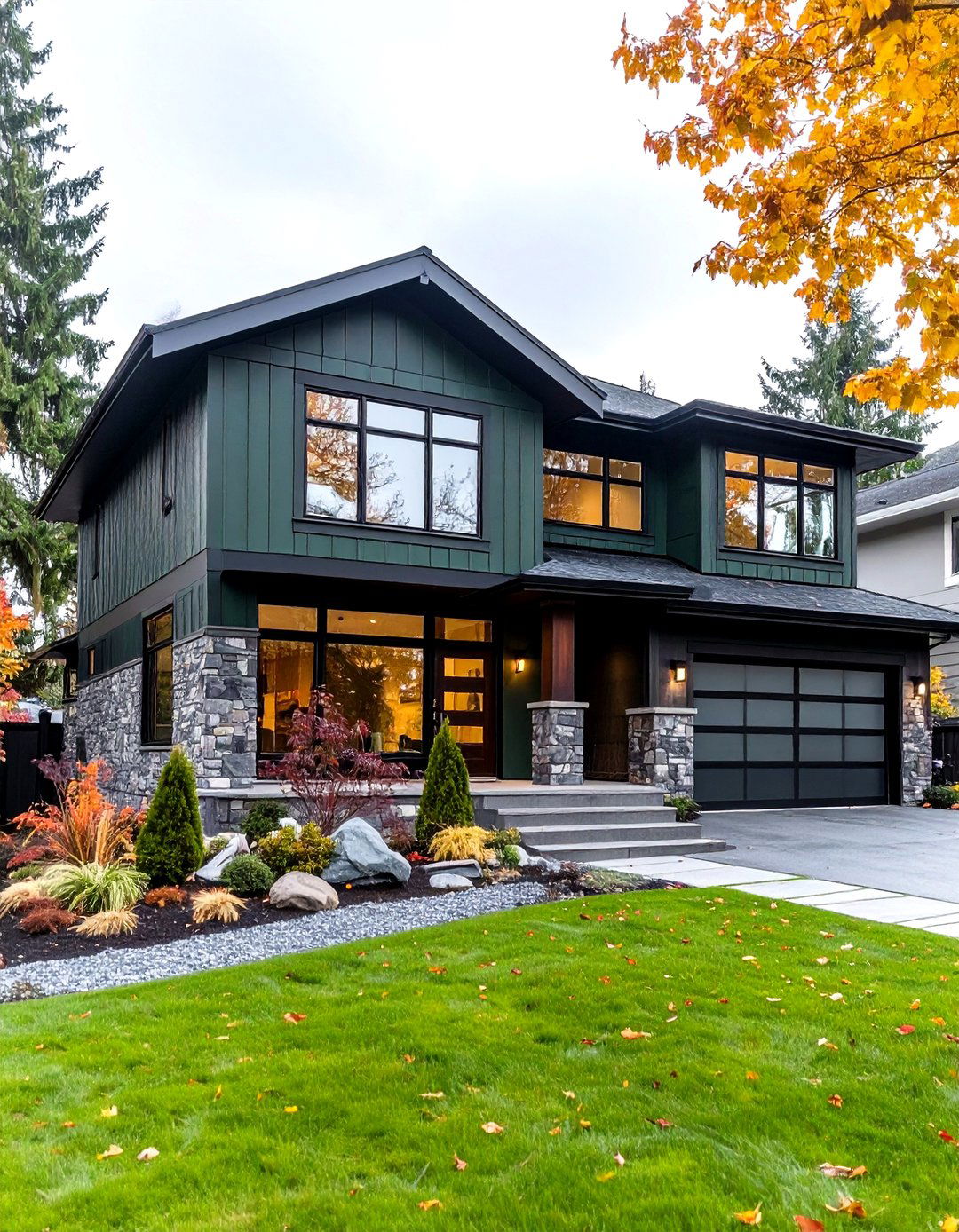 Contemporary Stone Accent Integration - 24 Dark Olive Green House Designs