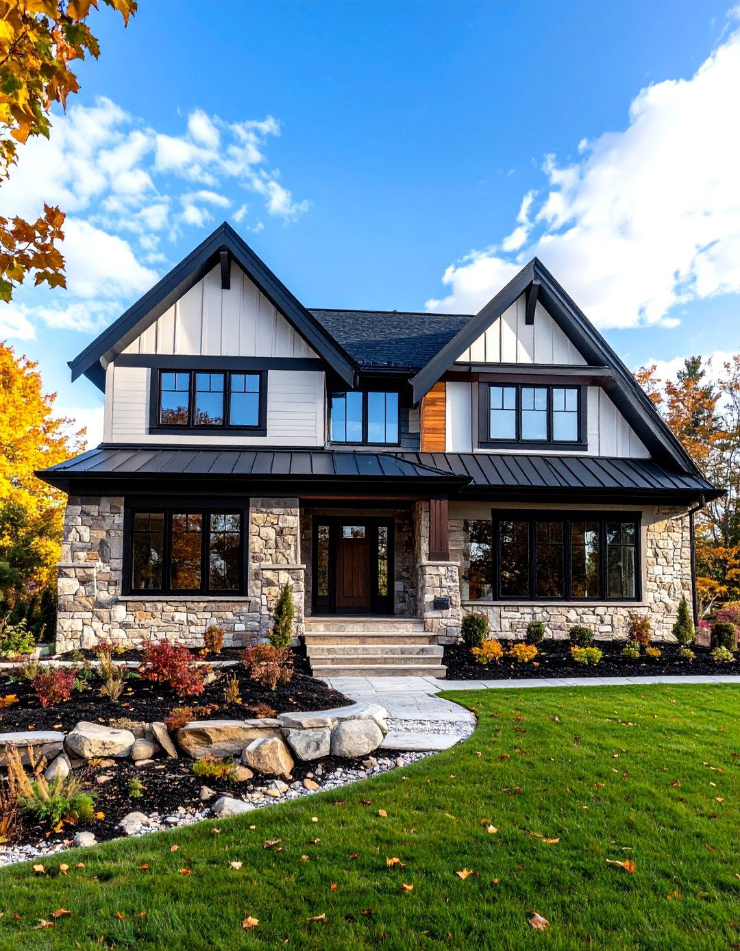 Contemporary Stone and Siding Mix - 24 White Exterior Home with a Black Roof Ideas