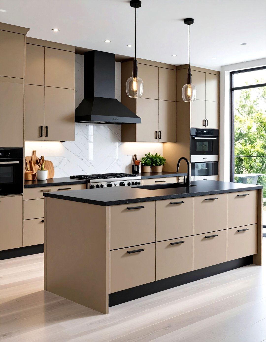 Contemporary Taupe Kitchen with Black Accents - 24 Taupe Kitchen Cabinet Ideas