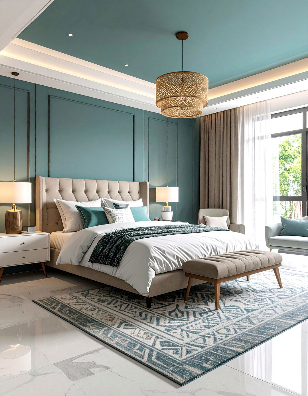 Contemporary Teal Ceiling with Grey Walls - 24 Teal and Grey Bedroom Ideas