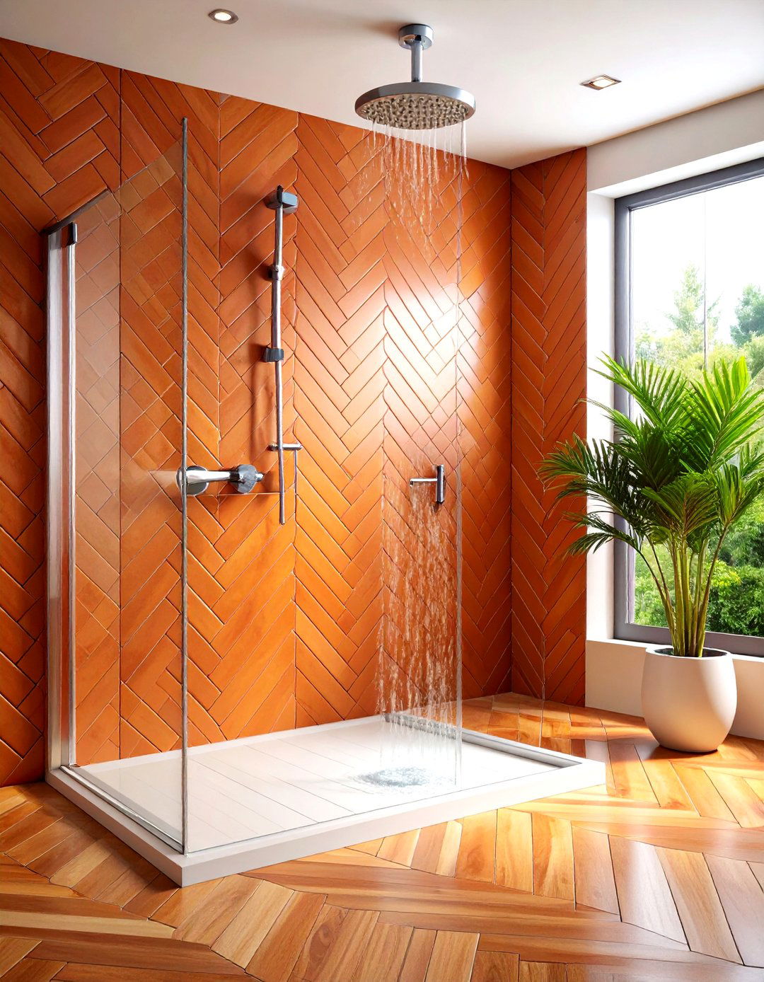 Contemporary Terracotta Herringbone Shower - 24 Terracotta Bathroom Ideas