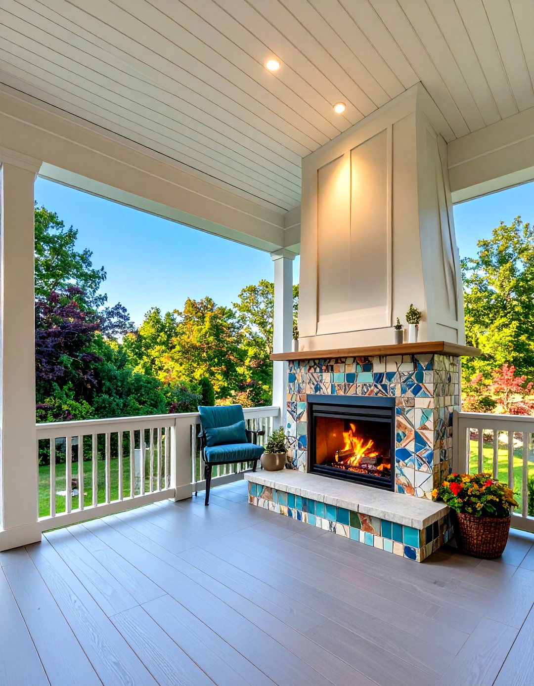 Contemporary Tile Surround Fireplace - 24 Porch Fireplace Ideas