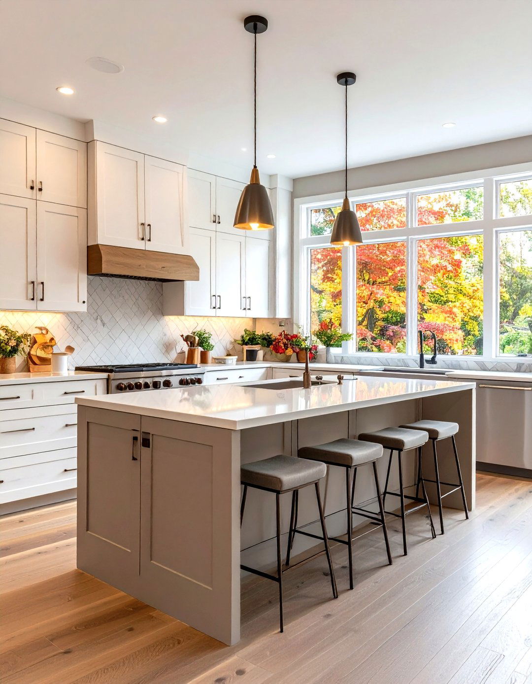 Contemporary Transitional White Kitchen With Greige Island - 24 White Kitchen Cabinets With Grey Island Ideas