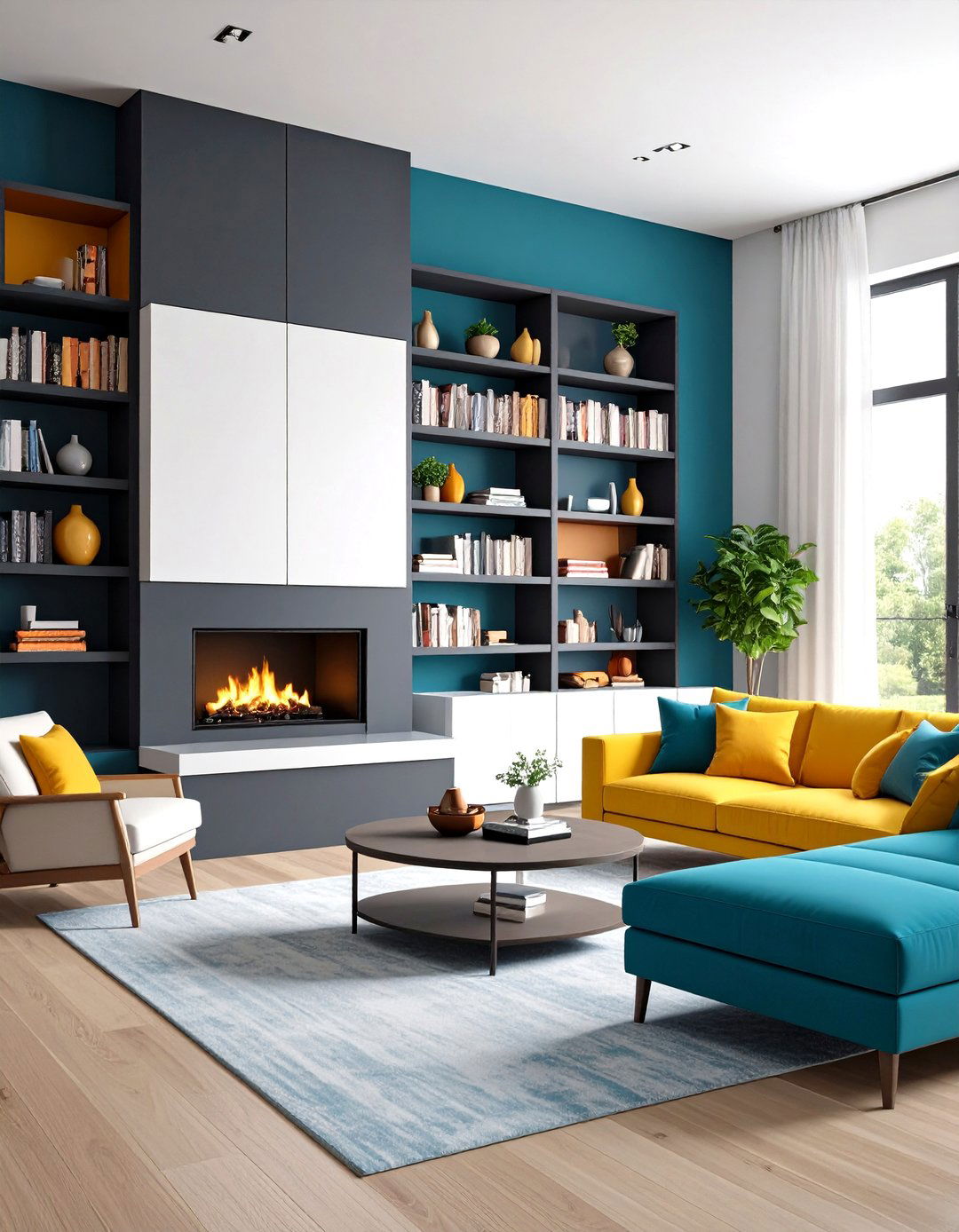 Contemporary Two Tone Color Blocking - 24 Fireplace With Bookshelves