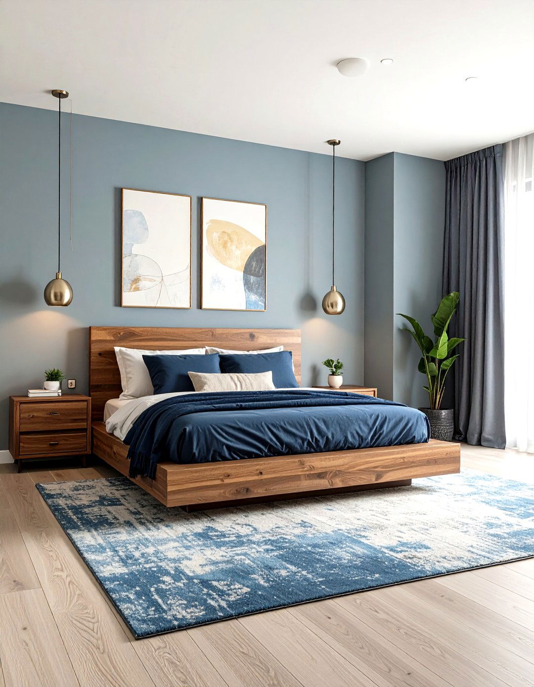 Contemporary Walnut and Blue Bedroom - 24 Dark Wood Bedroom Ideas