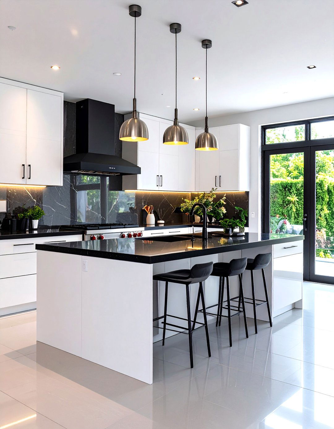 Contemporary Waterfall Edge Island Kitchen - 24 white kitchen with black countertops ideas