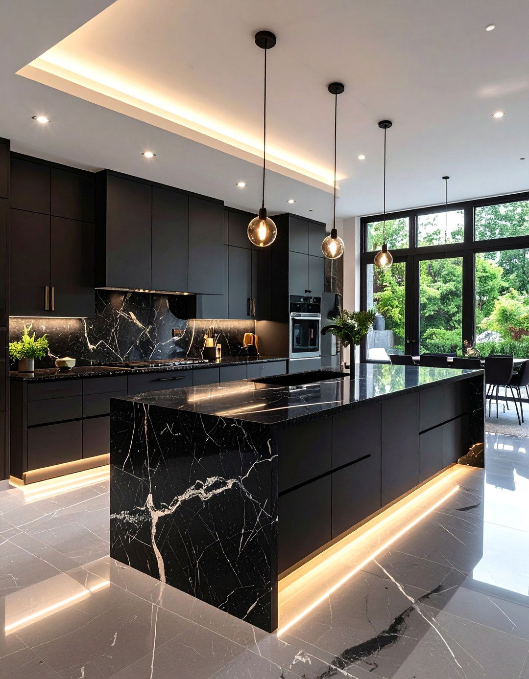 Contemporary Waterfall Island with Black Granite Drama - 24 Black Granite Countertops Kitchen Ideas