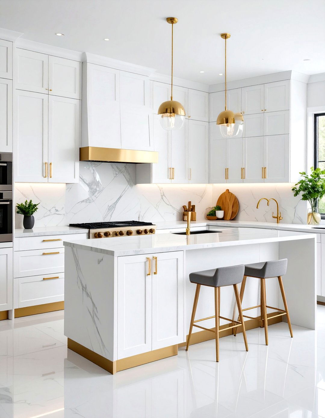 Contemporary White Handleless Cabinets with Integrated Gold Hardware - 24 White Kitchen Cabinets With Gold Hardwar