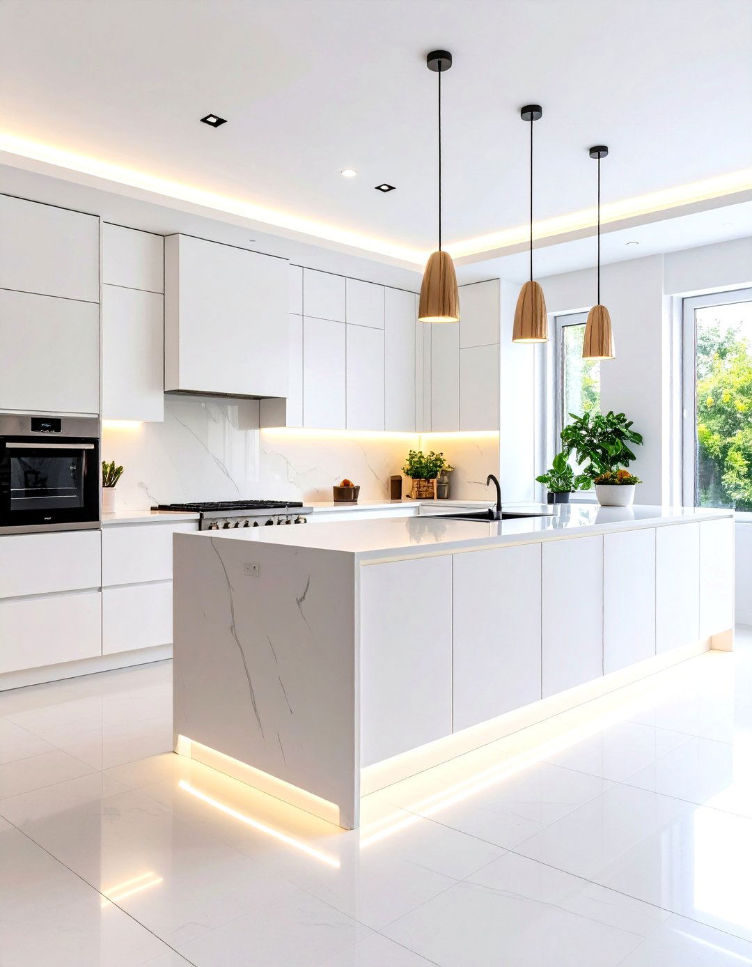 Contemporary White Kitchen with Linear Lighting - 24 Small White Kitchen Ideas