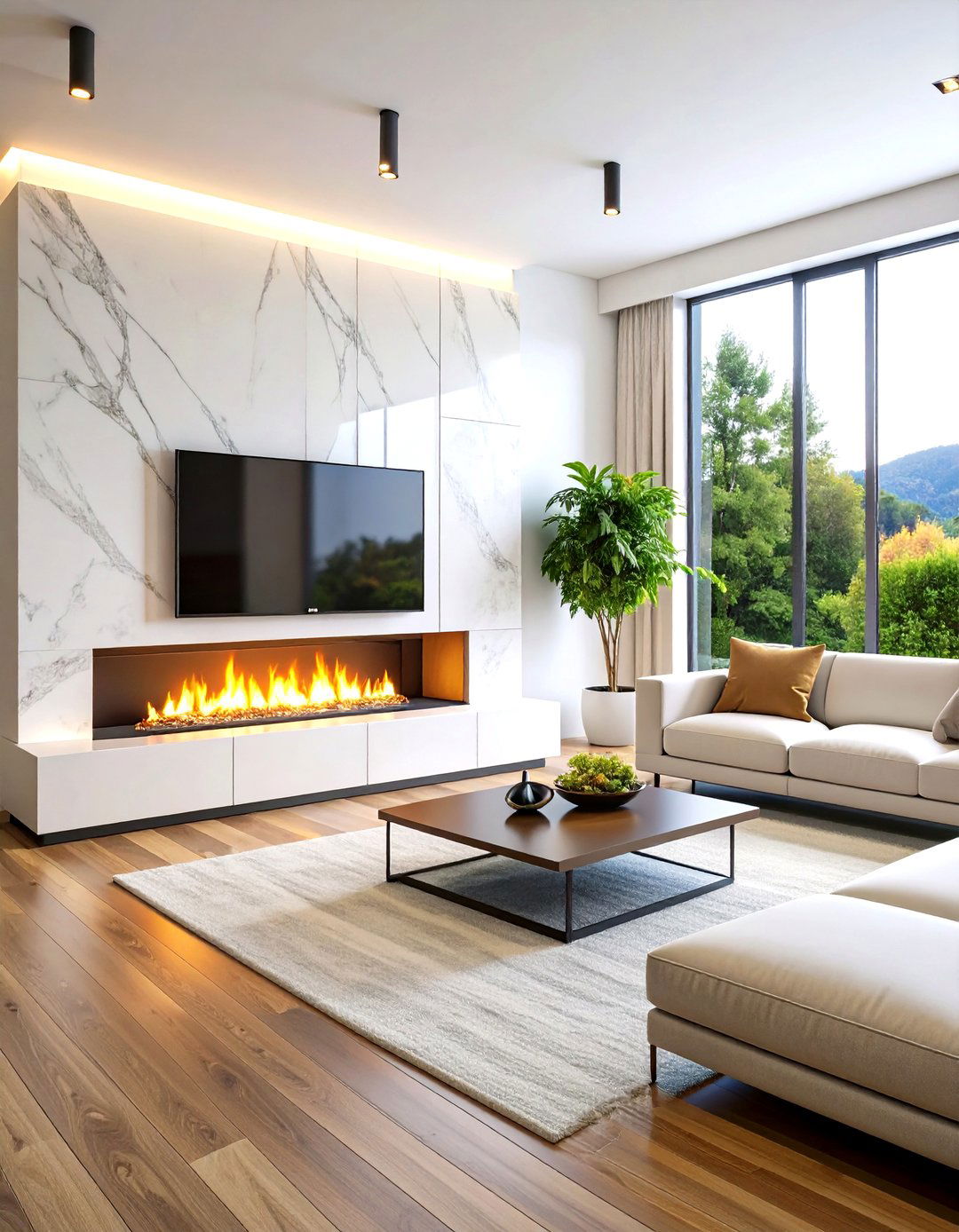 Contemporary White Marble Linear Fireplace - 24 Linear Fireplace Ideas With Tv Above