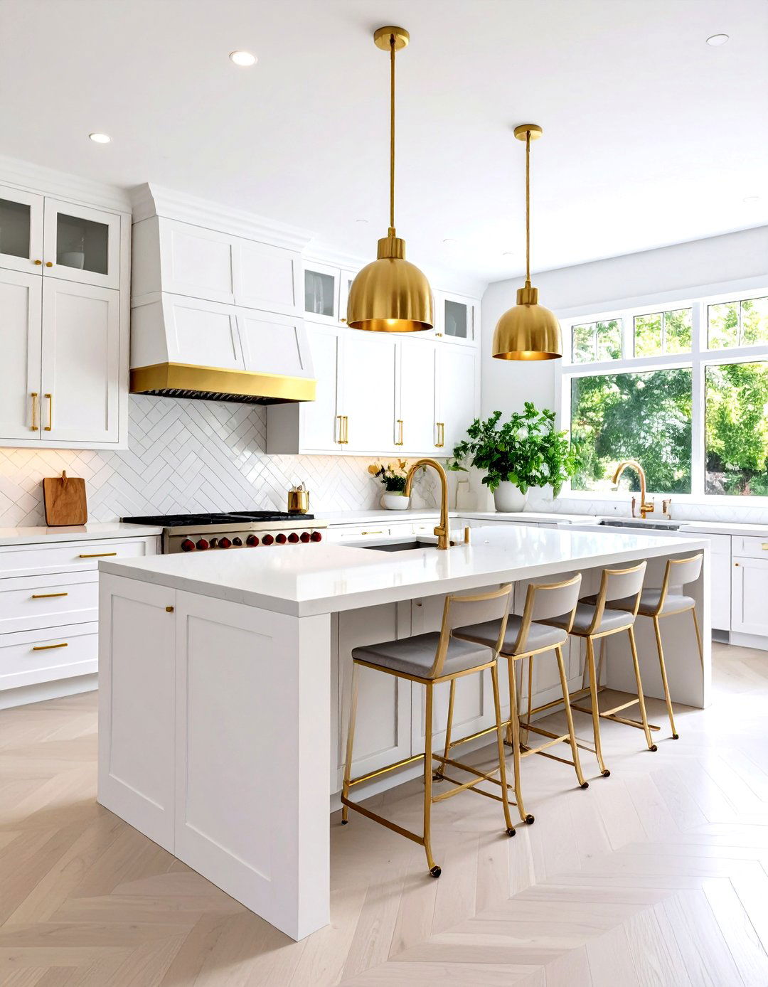 Contemporary White and Gold Kitchen with Brass Accents - 24 White and Gold Kitchen Ideas