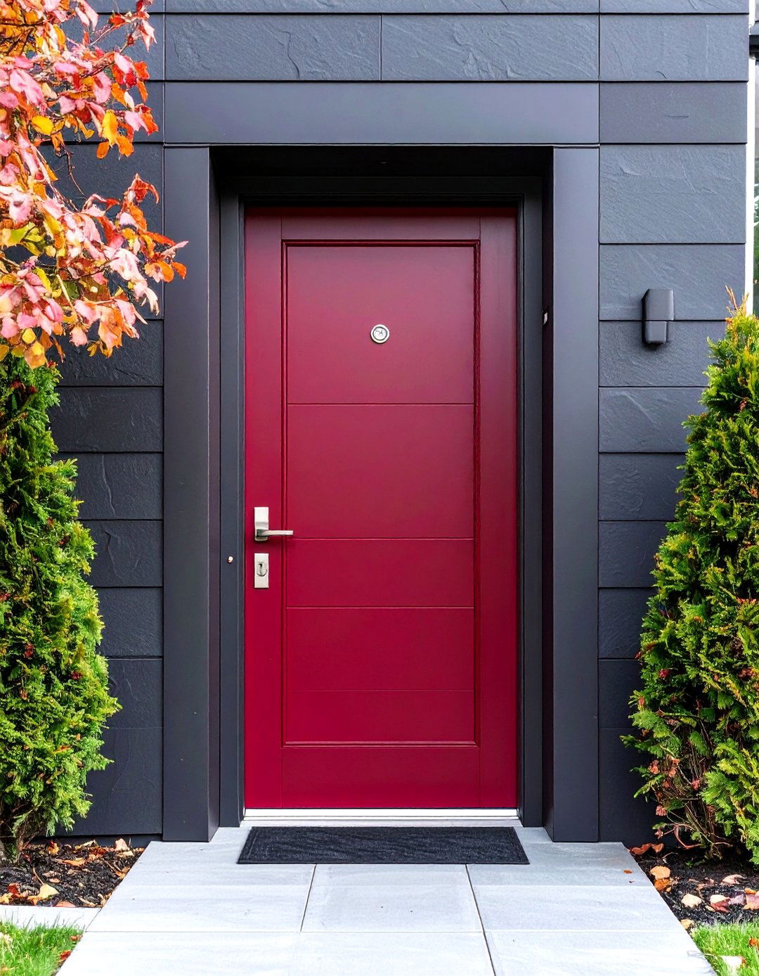 Contemporary Wine Red Door with Steel Hardware - 24 Dark Red Front Door Ideas