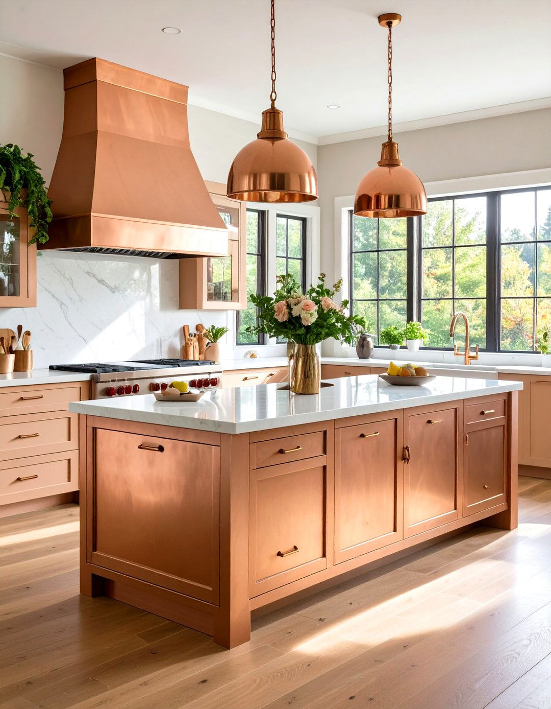 Copper Accent Farmhouse Island - 24 Farmhouse Kitchen Island Ideas