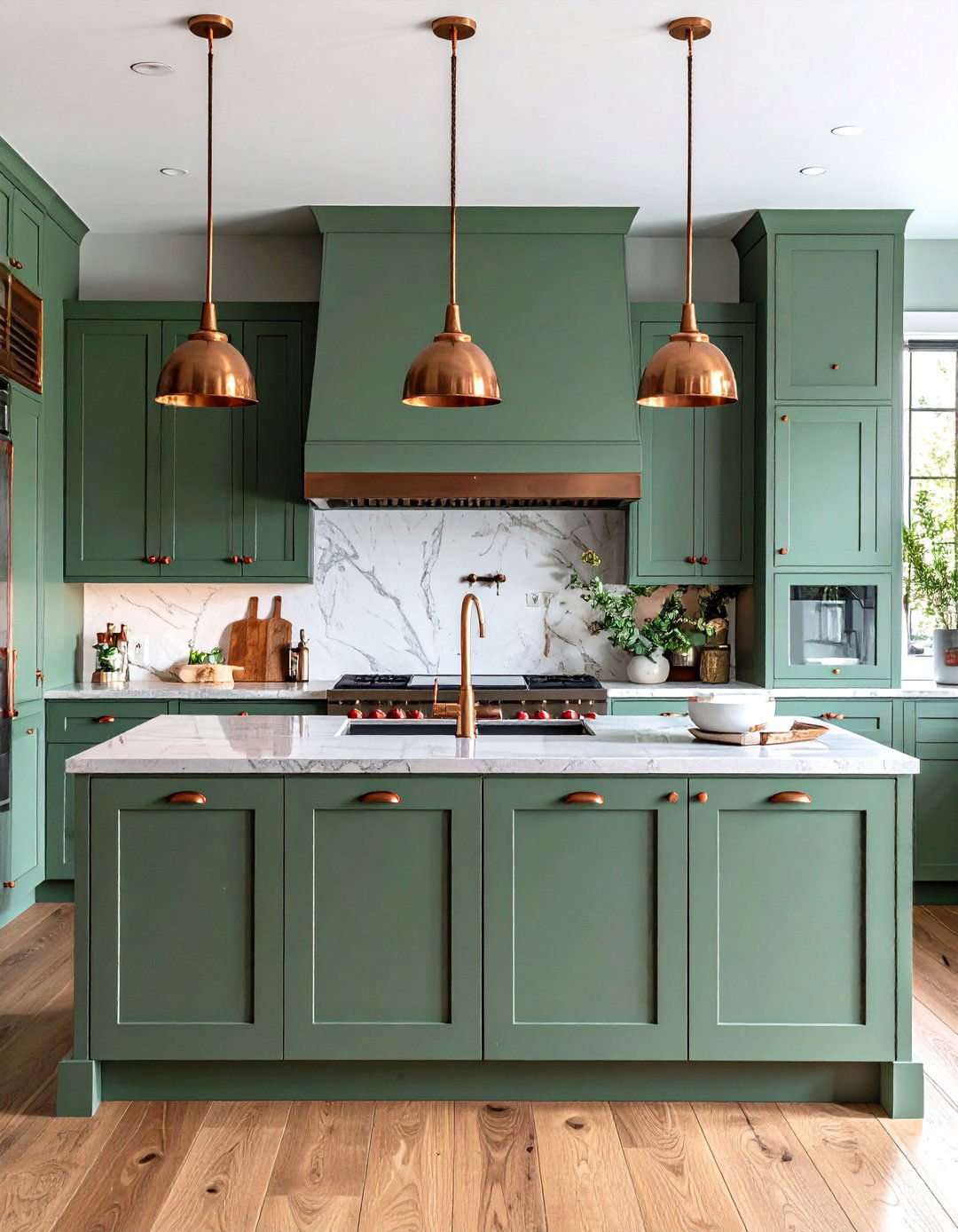 Copper Accents with Sage Green Cabinets - 24 Rustic Sage Green Kitchen Cabinets