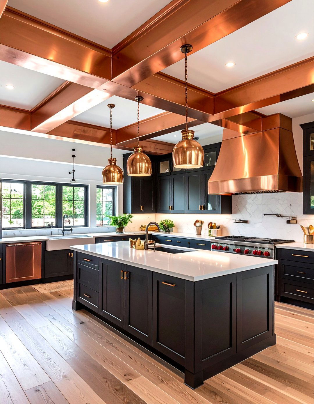 Copper Ceiling Beam Accents - 24 black and copper kitchen ideas