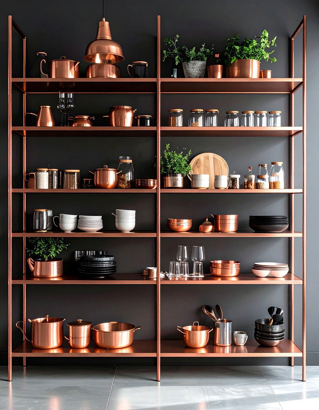 Copper Open Shelving Display - 24 black and copper kitchen ideas