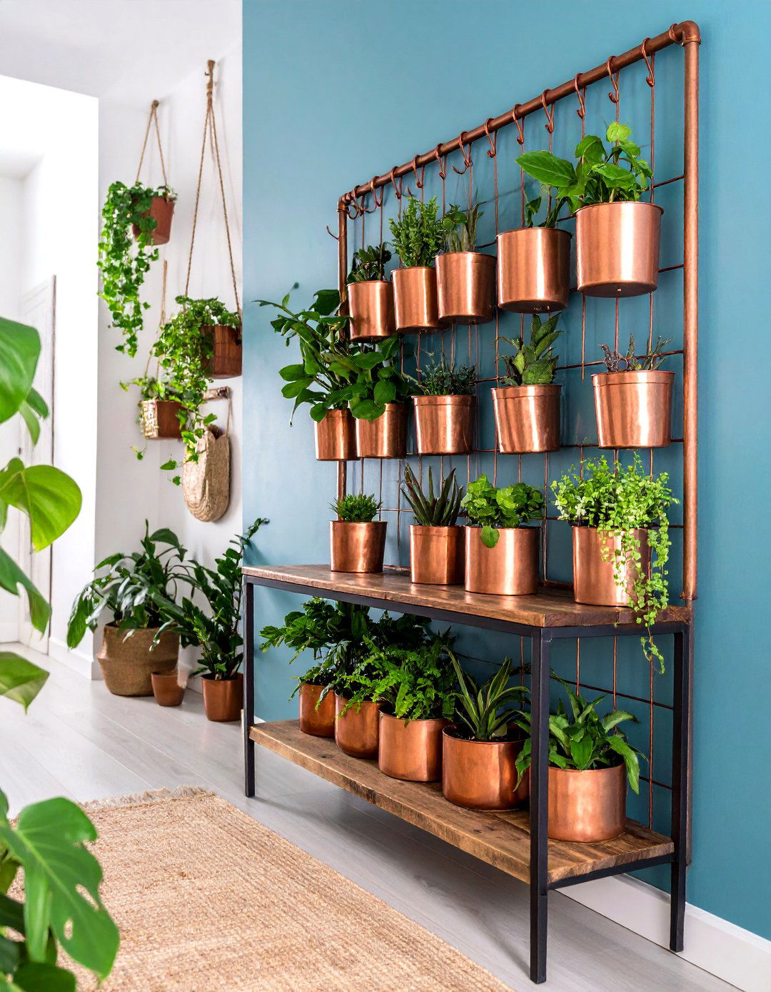 Copper Pipe Plant Display - 24 Boho Hallway Ideas