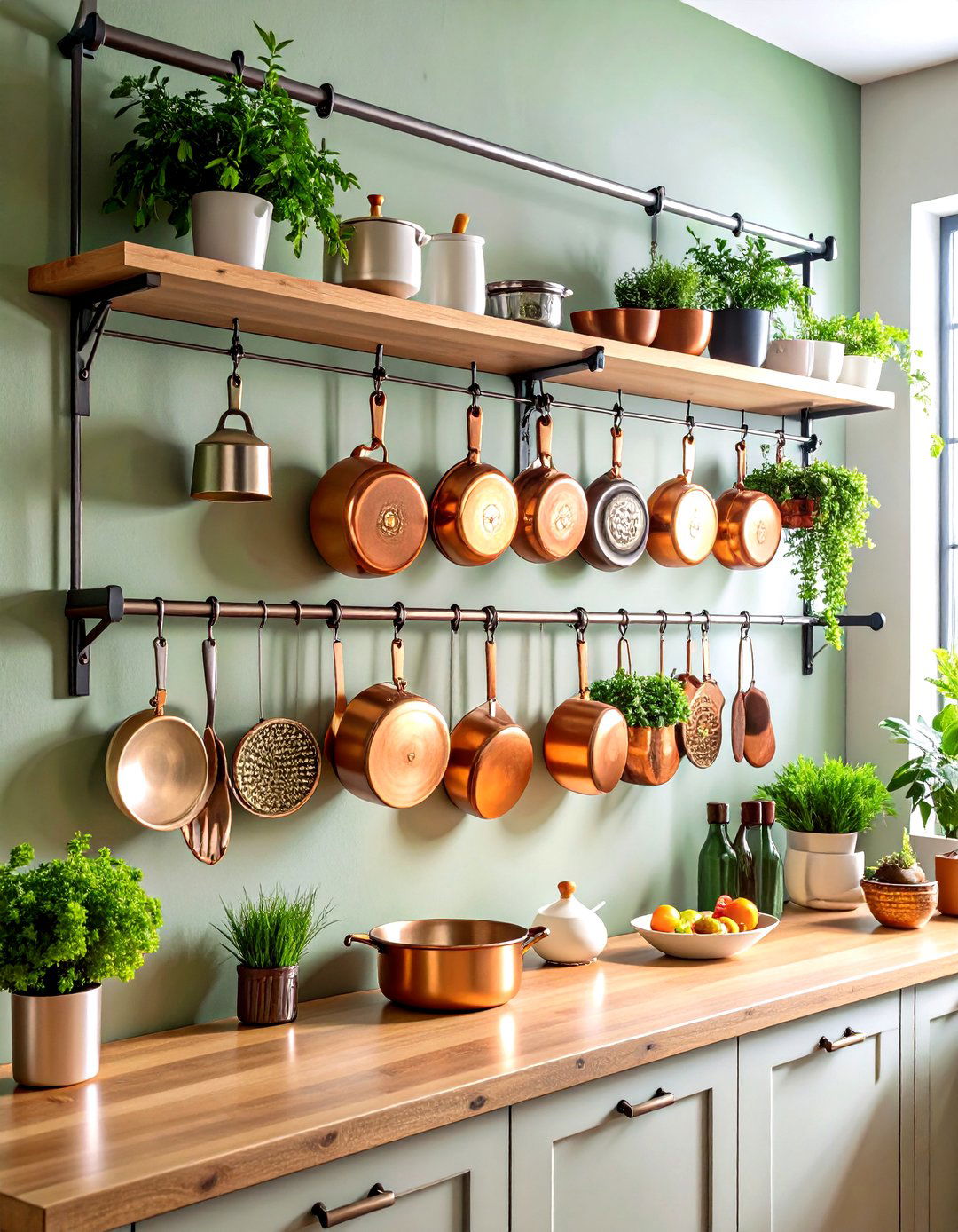 Copper Pot Rack Display Wall - 24 Kitchen Wall Decor Ideas
