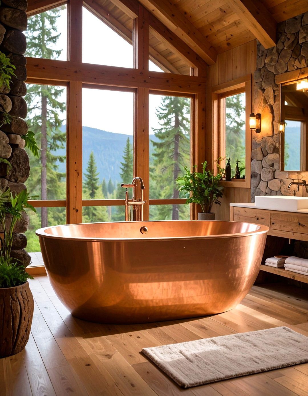 Copper Soaking Tub Sanctuary - 24 Log Cabin Bathroom Ideas