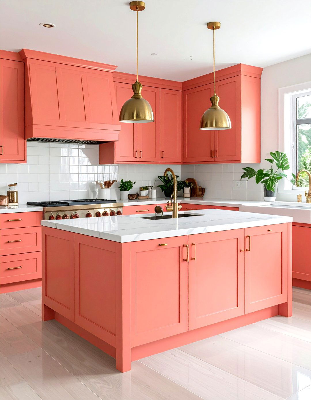 Coral Kitchen with Brass Hardware - 24 Kitchen Color Ideas
