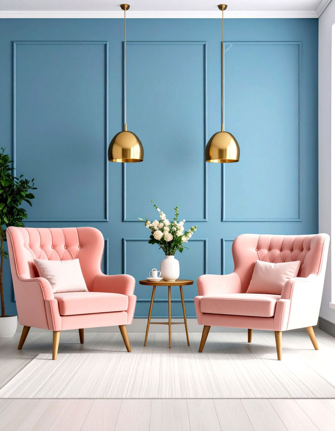 Coral Pink Armchairs with Steel Blue Wall Paneling - 24 Pink and Blue Living Room Ideas