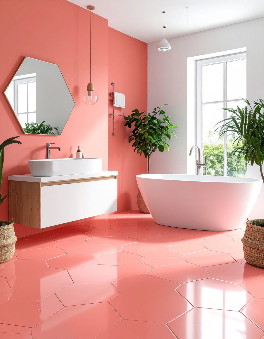 Coral Pink Hexagon Floor - 24 Pink Bathroom Ideas