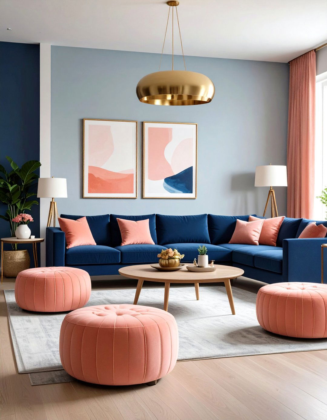 Coral Pink Ottoman Collection with Navy Blue Sectional Seating - 24 Pink and Blue Living Room Ideas
