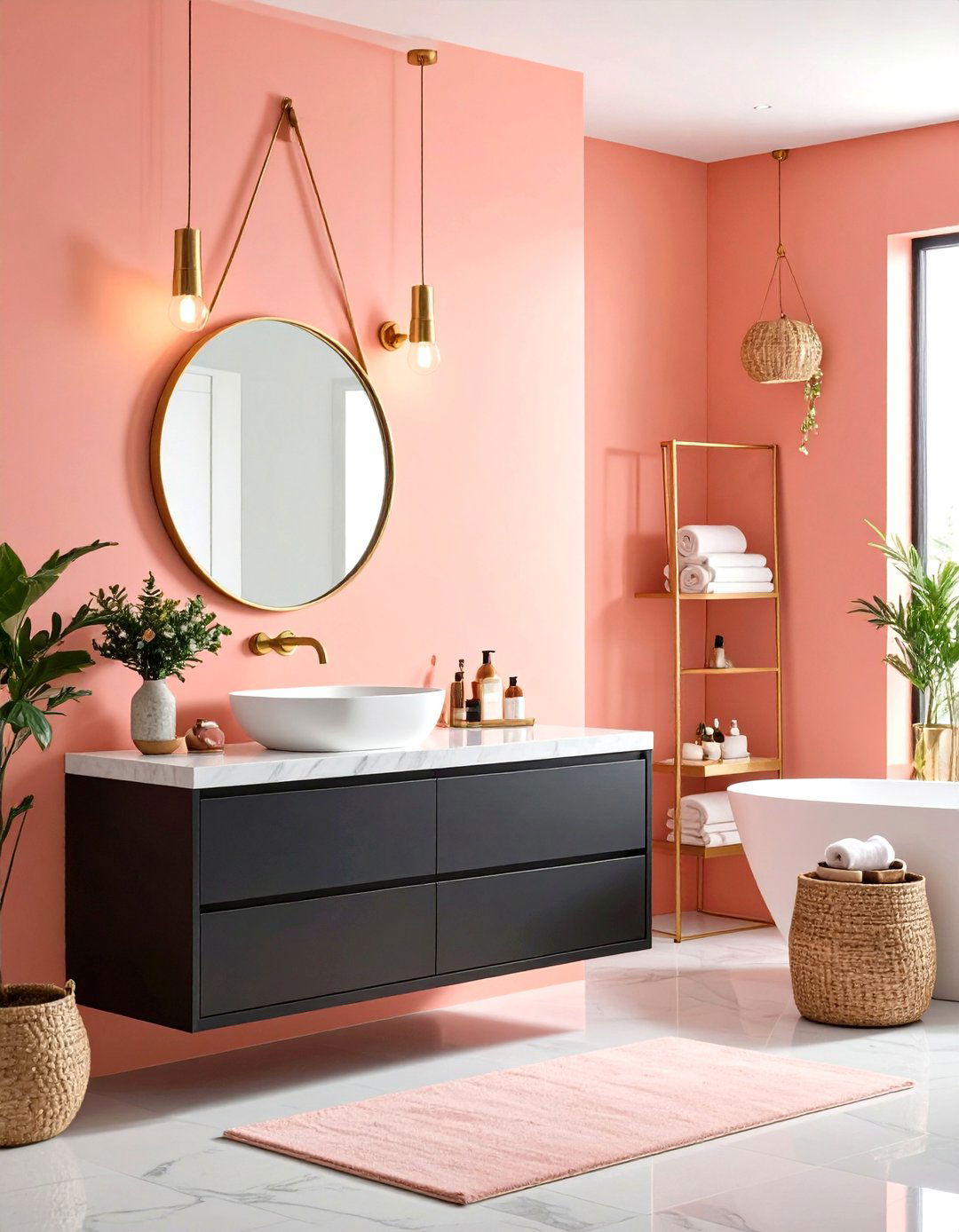 Coral Pink Painted Walls with Black Floating Vanity - 24 Pink and Black Bathroom Ideas