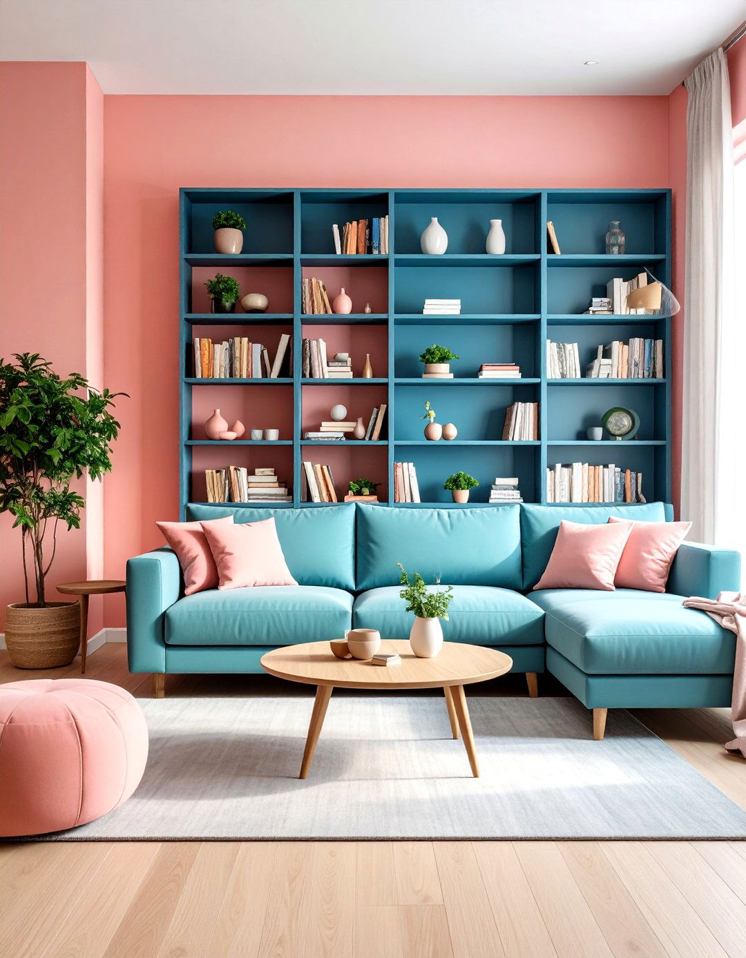 Coral Pink Walls with Midnight Blue Built in Bookcases - 24 Pink and Blue Living Room Ideas
