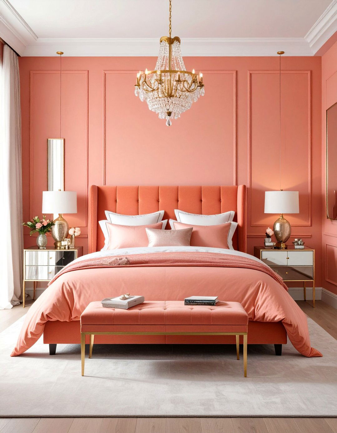 Coral and Gold Glam Bedroom - 24 Coral Bedroom Ideas