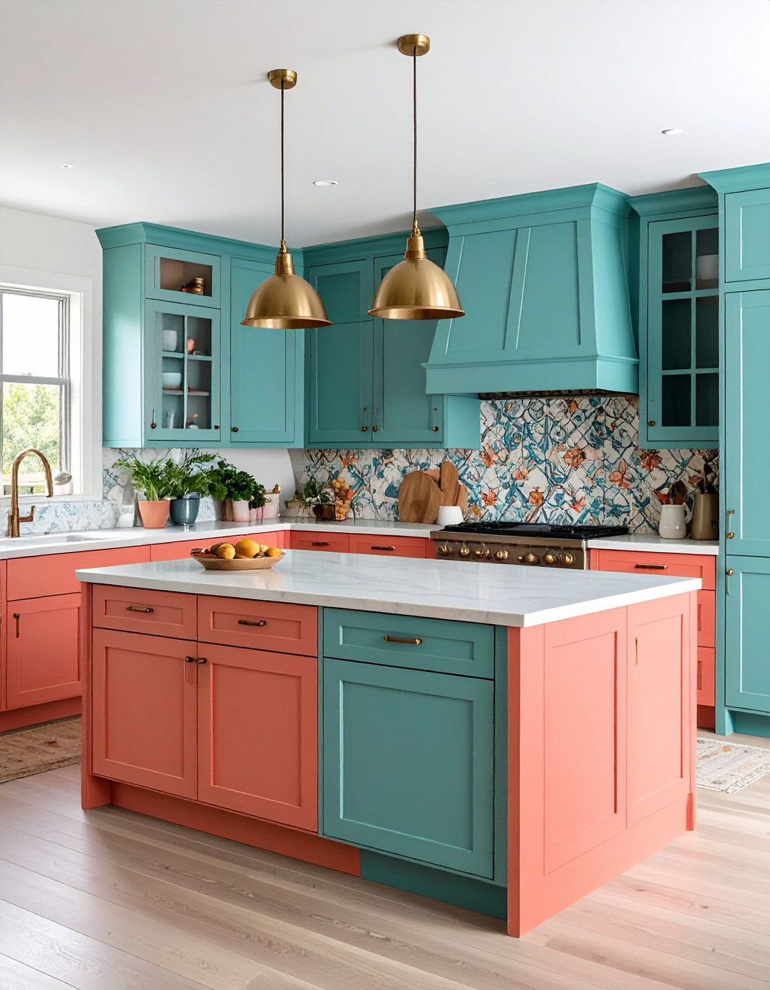 Coral and Teal Eclectic Kitchen - 24 Pink Kitchen Ideas