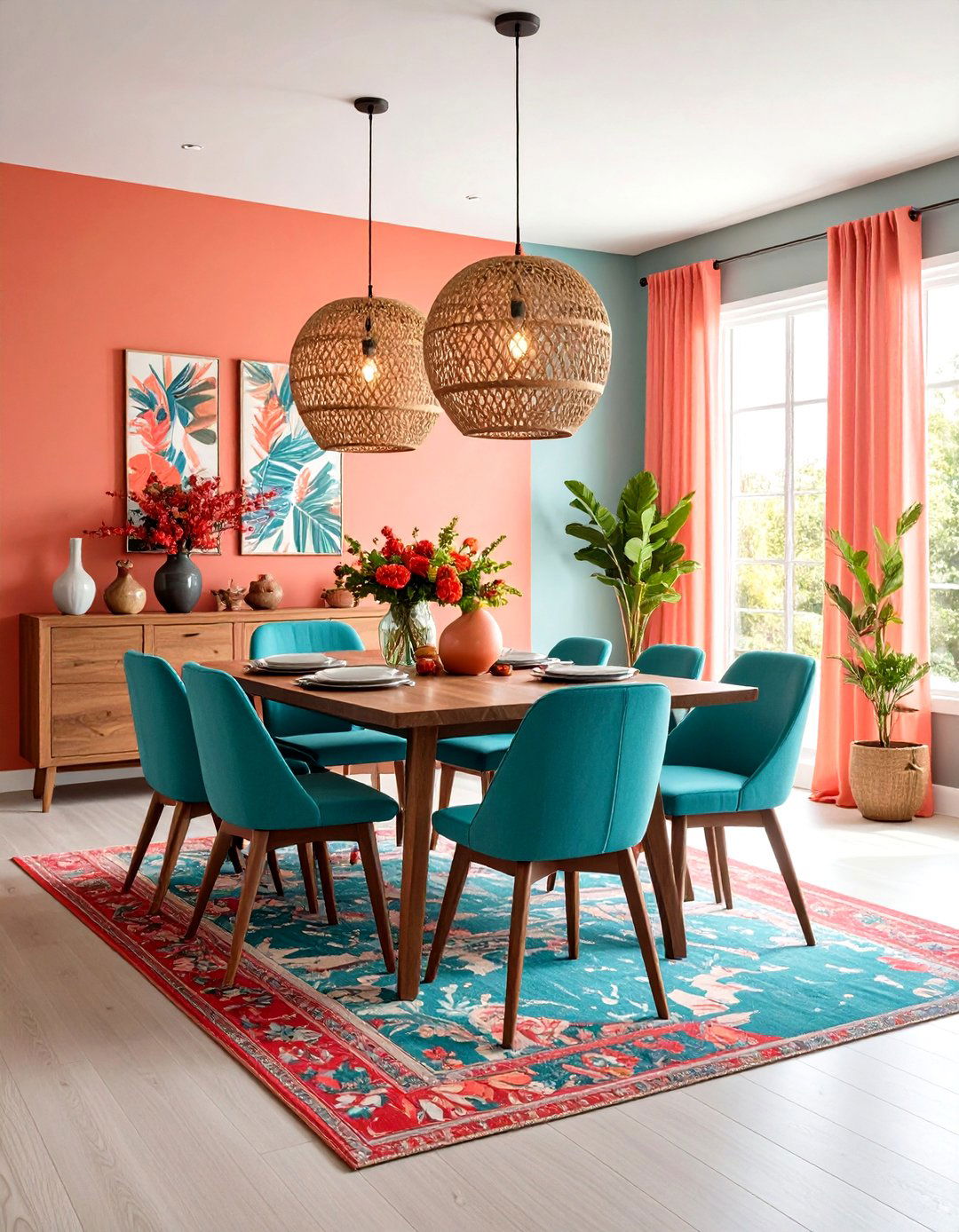 Coral and Turquoise Tropical Dining Room - 24 Hawaiian Interior Design Ideas