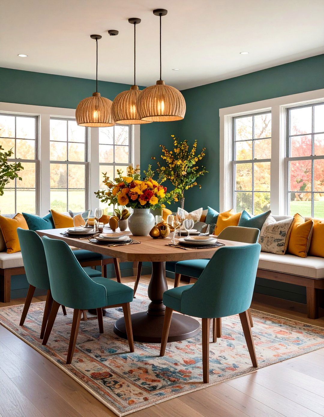 Corner Banquette with Round Pedestal Table - 24 Modern Farmhouse Dining Room Ideas