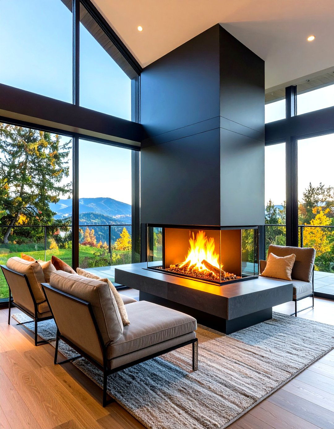 Corner Bay Glass Installation - 24 3 Sided Fireplace Ideas