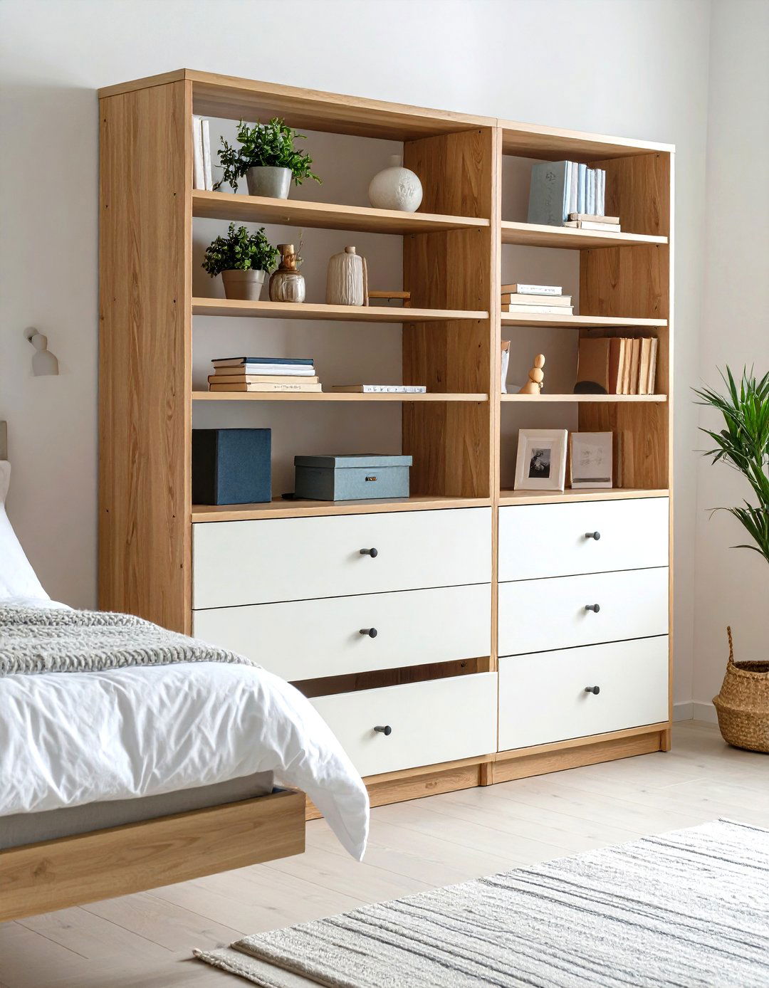 Corner Bookshelf with Integrated Storage Drawers - 24 Corner Bookshelf Ideas