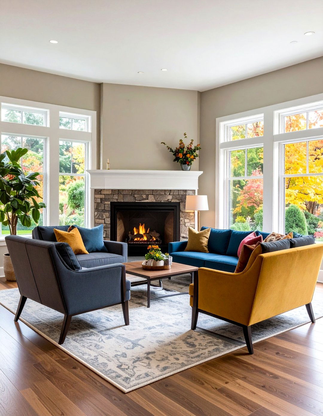 Corner Fireplace Angled Arrangement - 24 Chairs in Front of Fireplace Ideas