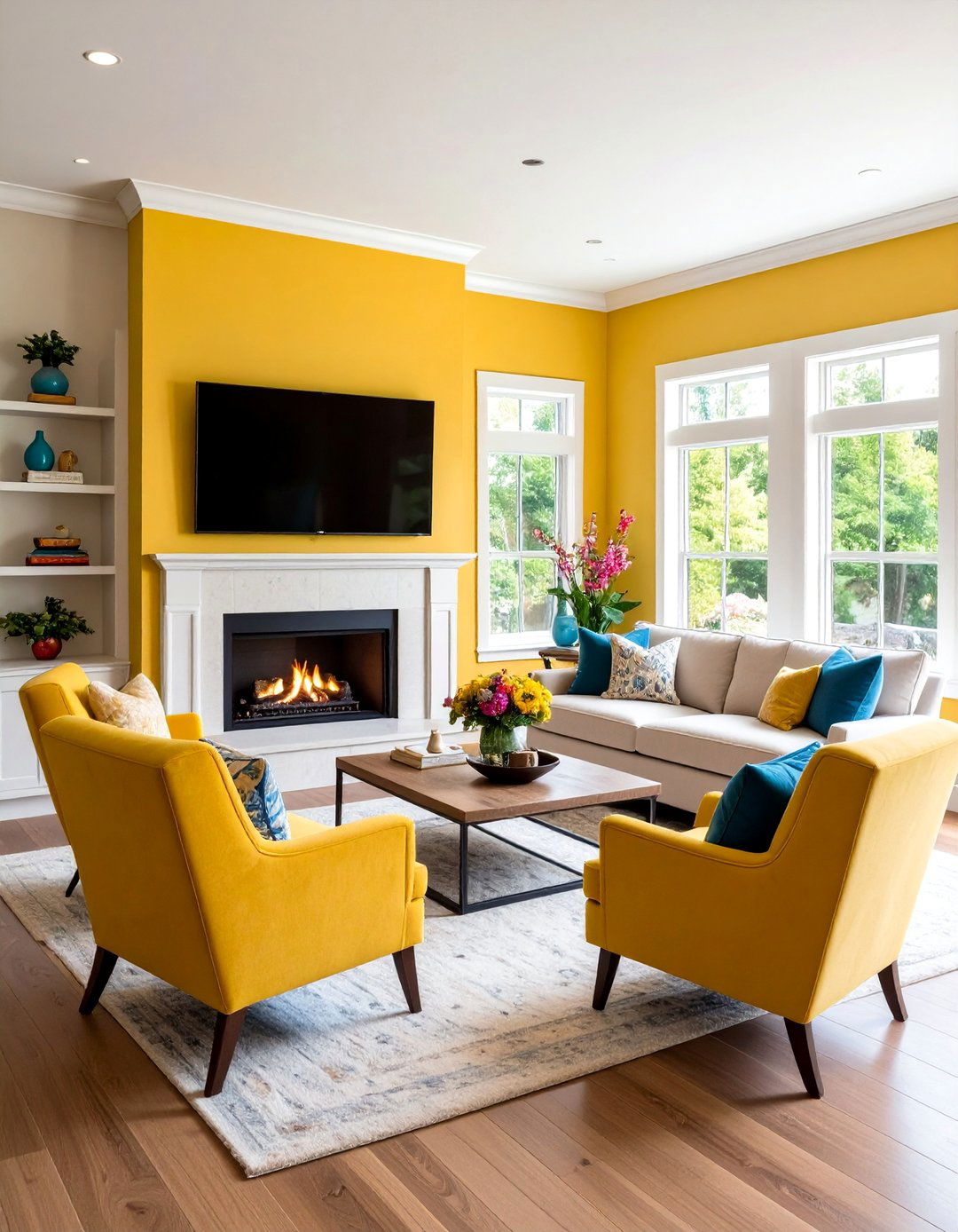 Corner Fireplace Living Room with TV Wall Separation - 24 Awkward Living Room Layout Ideas