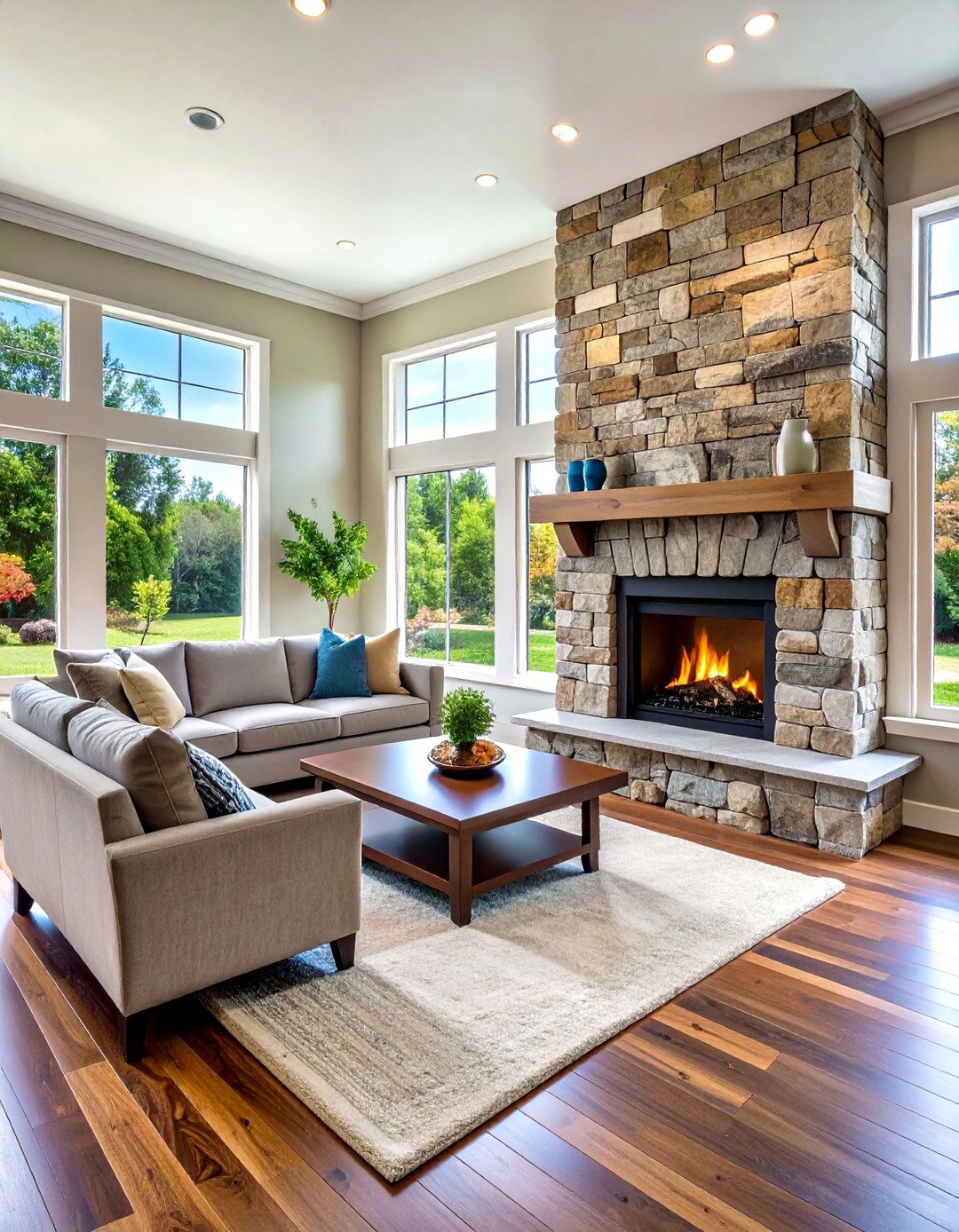 Corner Fireplace with Natural Stone Veneer - 24 Corner Fireplace Ideas