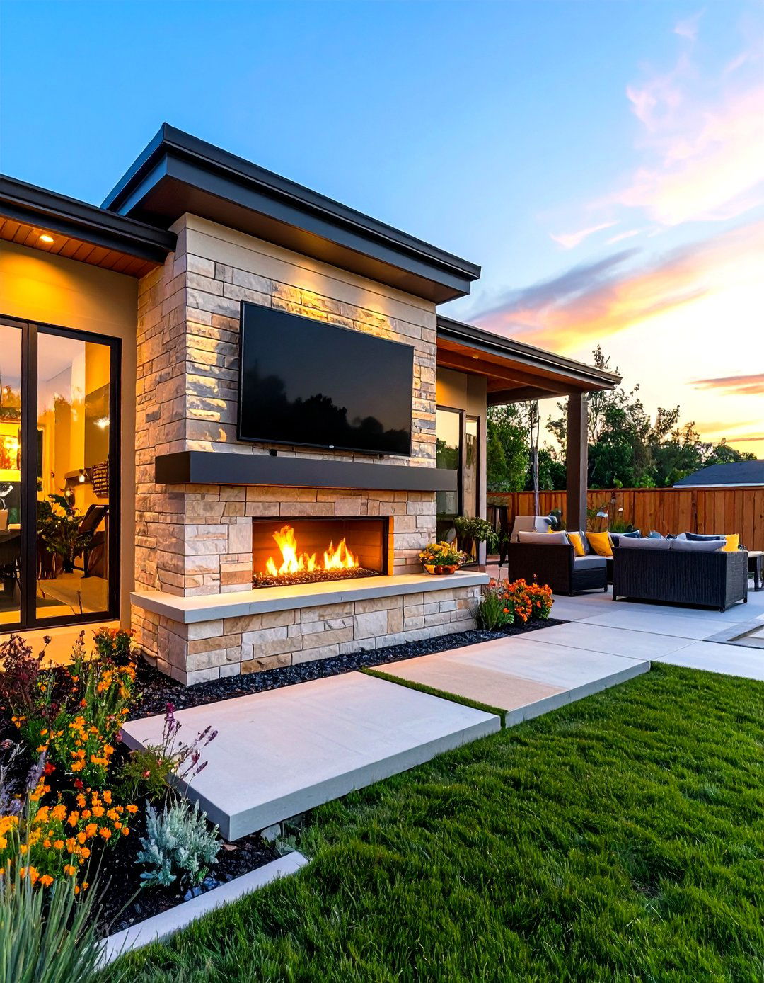 Corner Fireplace with Television Above - 24 Outdoor Corner Fireplace Ideas